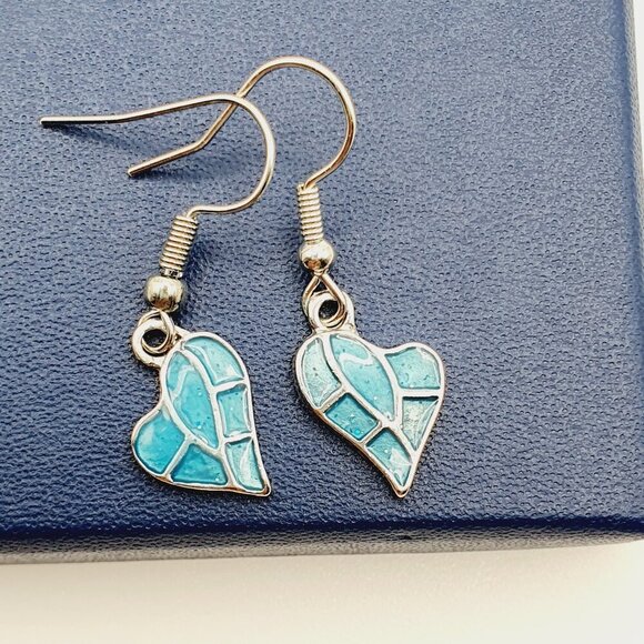 Aqua Mosaic Heart Drop Earrings, AZFA1102 - Picture 1 of 10